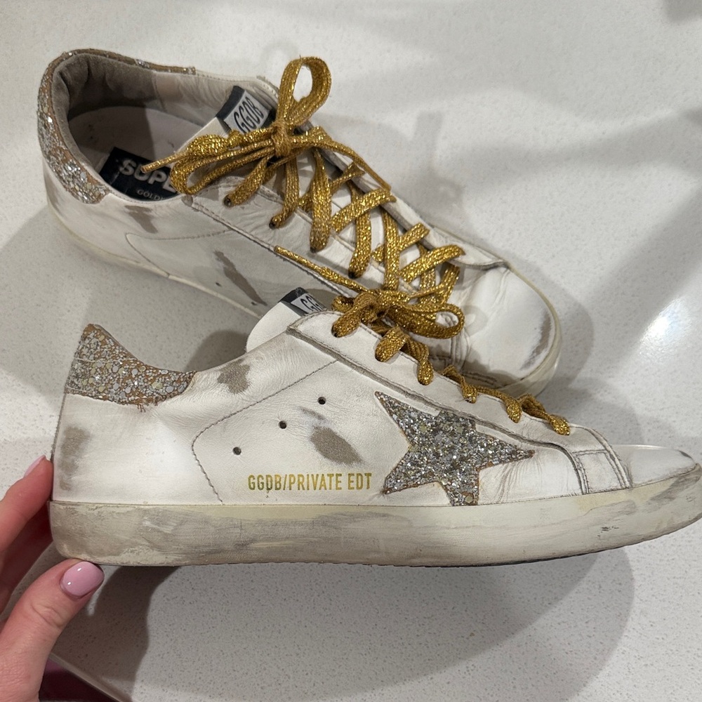 Golden Goose White Sneakers with Gold Glitter Accents